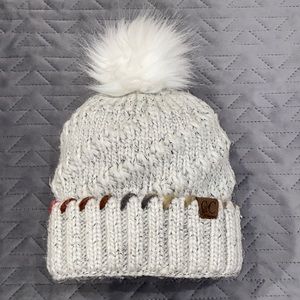 C&C BOUTIQUE Pom Beanie Fleece Lined Neutral Colors Diagonal, Chunky Knit
